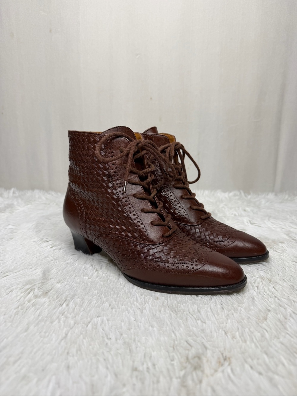 NICOLE / Claudia brown leather woven textured witchy cottagecore booties / 6